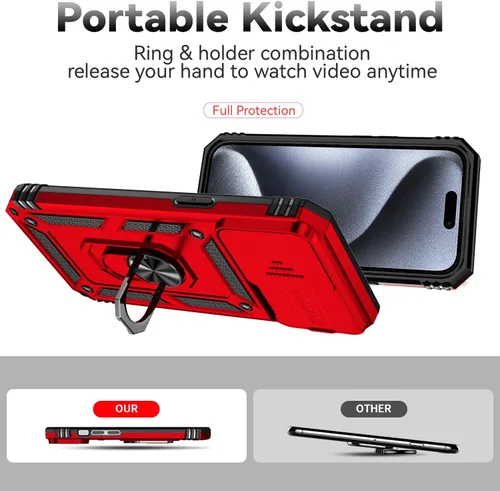 Miniatura 3 de SunStory Funda compatible con iPhone 15 con protector de pantalla HD, cubierta de cámara deslizante y soporte de anillo giratorio, [grado militar]