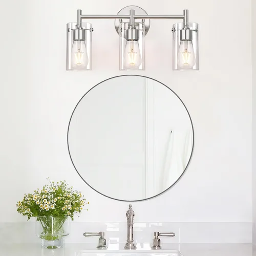 Miniatura 7 de 2023 Mejora 3 luces para tocador de baño de níquel cepillado, pantalla de vidrio transparente, apliques de pared para espejo, dormitorio, sala