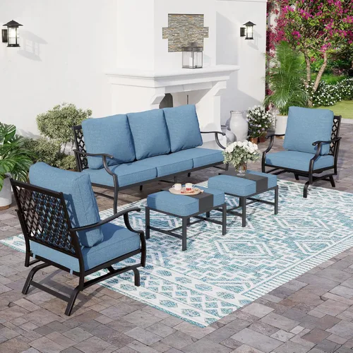 Miniatura 26 de SUNSHINE VALLEY Juego de muebles de patio, 4 piezas de muebles modernos de metal para exteriores, sofá de 3 plazas, 2 sillas mecedoras, mesa