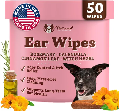 Toallitas para Orejas de Perro Naturales (50 Unidades) Limpiador Higiénico para Orejas de Perro Infundido con Aceites Esenciales, Reduce el Olor,