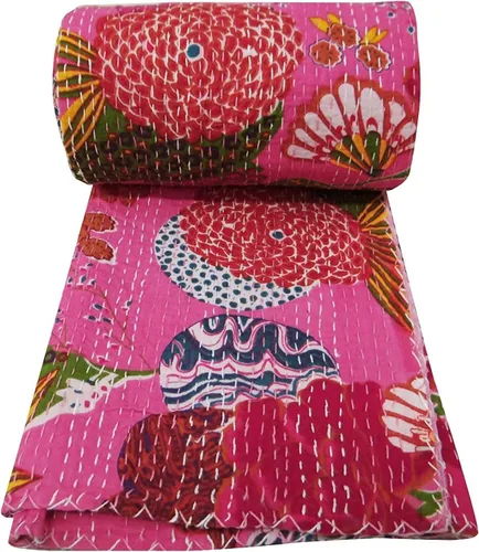 Miniatura 2 de Sophia-Art Colcha reversible de frutas indias para cama individual/king con patrón Gudri de algodón puro estilo Kantha, colcha decorativa con Rosa