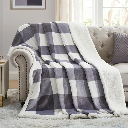 Miniatura 16 de PU MEI - Cobija de vellón sherpa de 50 x 60 pulgadas, suave, acogedora, gruesa y cálida para sofá o cama Gris y azul