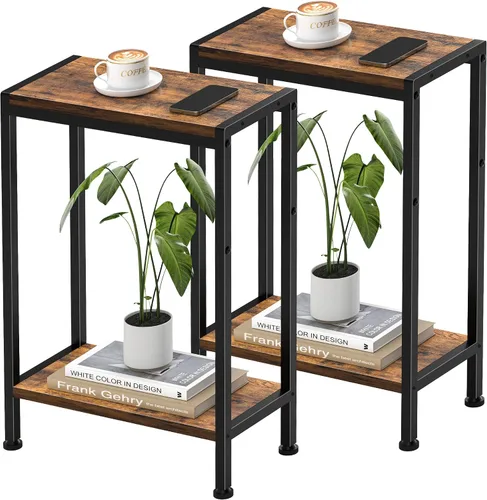 Miniatura 16 de Mesa auxiliar estrecha para espacios pequeños, mesa auxiliar delgada de 2 niveles, mesita de noche delgada, mesa de sofá delgada para aperitivos