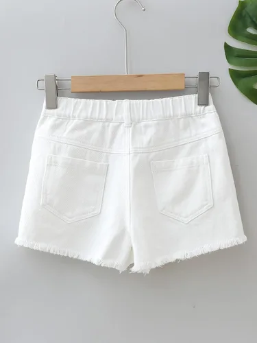Miniatura 2 de OYOANGLE Pantalones cortos de mezclilla de pierna recta con dobladillo rasgado y bolsillo para niña