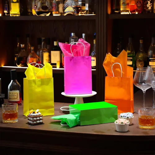 Miniatura 3 de Sherr Paquete de 24 bolsas de regalo de neón con papel de seda de 5.91 x 3.15 x 8.27 pulgadas, coloridas bolsas de papel arcoíris con asas, bolsas