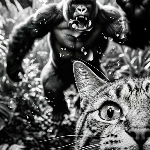 Miniatura 6 de Divertida cortina de ducha con diseño de gato con gorila en la selva, decoración de baño de animales humorísticos en blanco y negro, juego
