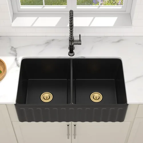 Miniatura 2 de Dcolora Fregadero de porcelana de cerámica negra de 33 pulgadas, fregadero de cocina frontal con delantal de arcilla refractaria con accesorios