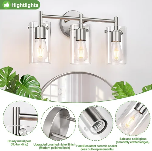 Miniatura 3 de 2023 Mejora 3 luces para tocador de baño de níquel cepillado, pantalla de vidrio transparente, apliques de pared para espejo, dormitorio, sala