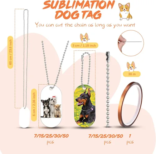 Miniatura 2 de Hicarer 7 juegos de etiquetas de perro en blanco de sublimación con cadena de aluminio en blanco para sublimación, collar de doble cara DIY etiqueta