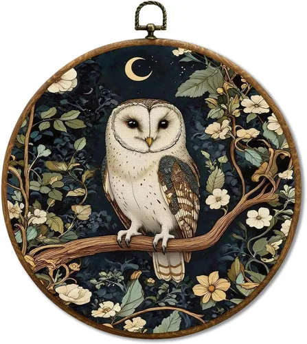 Miniatura 14 de JUIOEIU Decoración de pared redonda de búho de hongo con núcleo de cabaña, impresiones en lienzo enmarcadas con diseño de búho lluvioso oscuro