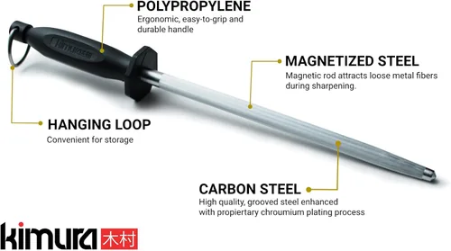 Miniatura 2 de Kimura® Acero de afilado profesional, varilla de afilado de 10 pulgadas, afilador de cuchillos de acero al carbono, acero magnetizado, mango