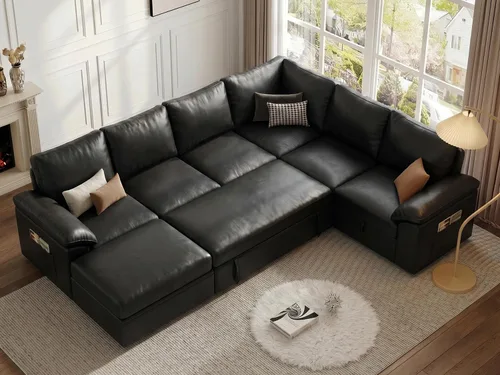 Miniatura 29 de Sofá Seccional Modular de 85 Pulgadas con Cama Extraíble, Sofá Cama Seccional en Forma de L de 5 Asientos con Almacenamiento, Sofás Seccionales