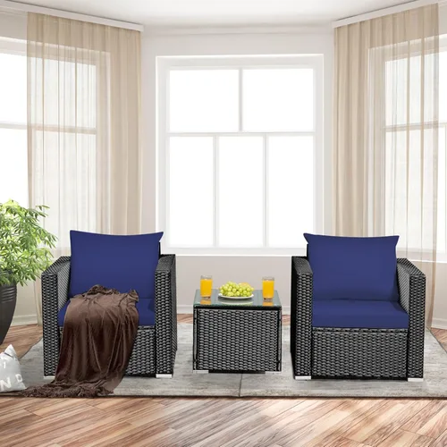 Miniatura 6 de COSTWAY Juego de muebles de patio de 3 piezas, sillones acolchados y mesa de centro de vidrio templado, juego de sofá de mimbre para jardín, balcón