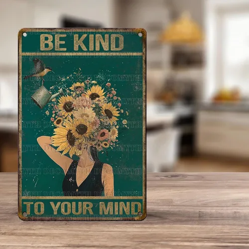 Miniatura 5 de Letreros de hojalata vintage con texto en inglés «Be Kind to Your Mind», letrero de colibrí, hippie, bohemio, arte de pared para mujeres, hogar