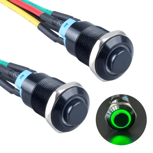Miniatura 14 de 2 interruptores de botón con pestillo de 0.472 in con cable pre-soldado de 5.9 in 1NO 12V-24V ON-Off para orificio de montaje de 1/2 pulgada, anillo