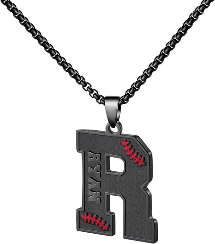 Miniatura 82 de Ldurian Collar personalizado con nombre de béisbol, cadena negra de acero inoxidable, collar con nombre deportivo, letra A-Z de 24 pulgadas, regalos