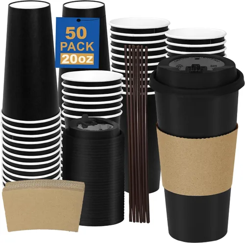 Miniatura 11 de Paquete de 100 tazas de café desechables de pared ondulada corrugada de 16 onzas con tapas y pajitas, tazas aisladas resistentes para bebidas