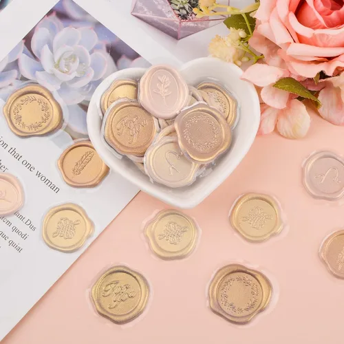 Miniatura 5 de Calcomanías de sello de cera dorada mixta, 54 unidades, calcomanías de sellos de sobre, calcomanías adhesivas antiguas para Navidad, invitaciones