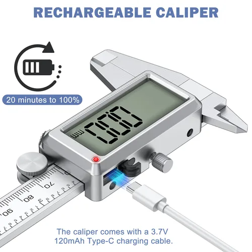 Miniatura 2 de HDLNKAK Calibre digital recargable de 6 "/ 150 mm, herramienta de medición de calibrador de conversión de pulgadas/MM con pantalla LCD grande