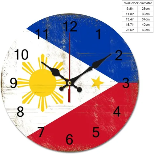 Miniatura 2 de Reloj de pared de la bandera de Filipinas con decoración patriótica de 9 pulgadas, funciona con pilas, silencioso, sin tictac, para colgar, Estilo-9