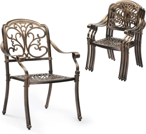 Miniatura 19 de VINGLI Juego de 2 sillas de patio apilables de aluminio fundido para exteriores con acabado negro vintage y patrón floral, sillones de metal