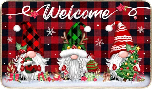 TREWAVE Tapete Decorativo de Bienvenida Navideño Tapete de Puerta con Gnomo Navideño Base Antideslizante de Goma Tapete de Piso Estacional de