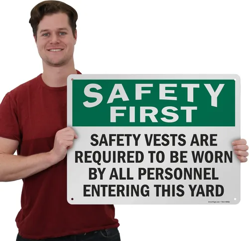 Miniatura 5 de SmartSign Letrero de metal OSHA de 18 x 24 pulgadas con texto en inglés "Safety First - Safety Vests are Required by All Personnel Entering This Se