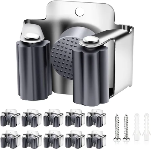 Verdenu Paquete de 10 soportes de pared para escoba, soporte de pared para trapeador y escoba, soporte de escoba de comando de acero inoxidable con