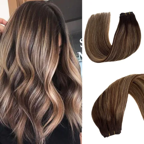Miniatura 8 de Extensiones de trama de cabello humano real, para coser, con mechas rubias, cabello Remy marrón cenizo mezclado con rubio platino, atado a mano - 14