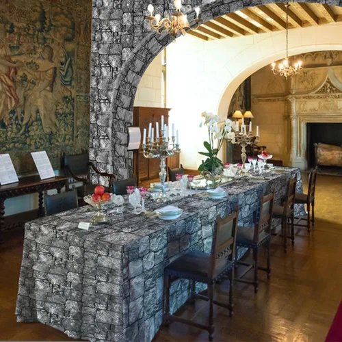 Miniatura 7 de Mantel medieval de pared de piedra de ladrillo con caja cortadora, fundas de mesa de plástico desechables, fondo gris antiguo, fondo gris antiguo
