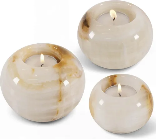 Radicaln Portavelas de mármol de 4 pulgadas de ónix blanco hecho a mano, decorativo votivo para decoración del hogar, elegante juego de 3 mini