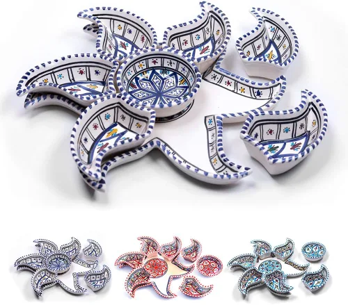 Miniatura 9 de Kamsah Hamsa - Plato para servir – 7 platos coloridos de cerámica pintados a mano para aperitivos, aperitivos, salsas y más – Platos decorativos