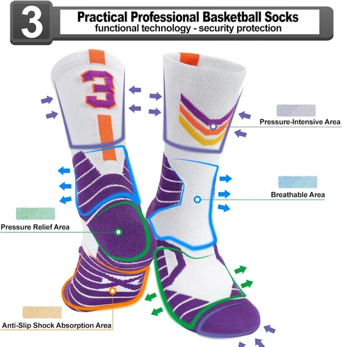 Miniatura 24 de 2 pares de calcetines de baloncesto para hombres y niños, equipo de baloncesto con número de la suerte, calcetines de estrella para niños y adultos