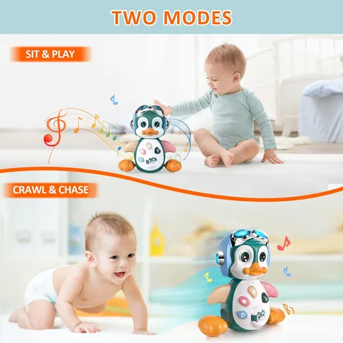 Miniatura 3 de MOONTOY Juguetes musicales de pingüino gateador para bebés de 0-3-6 6-12 meses, juguetes luminosos para tiempo boca abajo, juguetes de baile