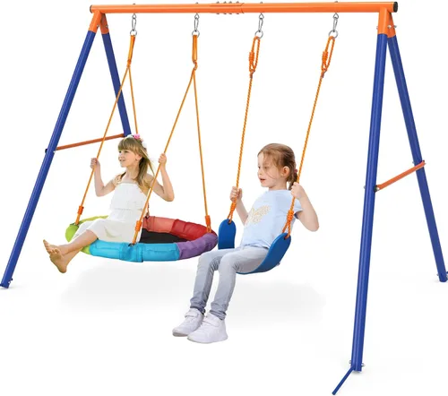 GIKPAL Juego de columpios con soporte para niños, juegos de columpios al aire libre para patio trasero con platillo de 32" y asiento de 26.2", marco