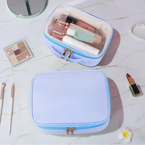 Miniatura 6 de Bolsa de maquillaje, 2 bolsas de cosméticos de piel sintética, estuche de maquillaje portátil de viaje, organizador de maquillaje grande con bolsa
