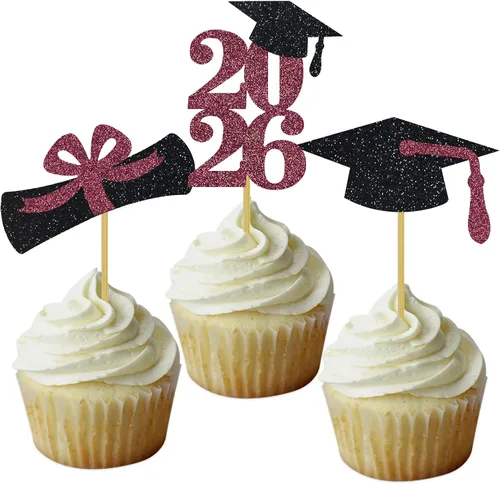 Miniatura 29 de Decoración para cupcakes de graduación, decoración de fiesta de graduación, selecciones de alimentos, felicitaciones, tapa de diploma con purpurina