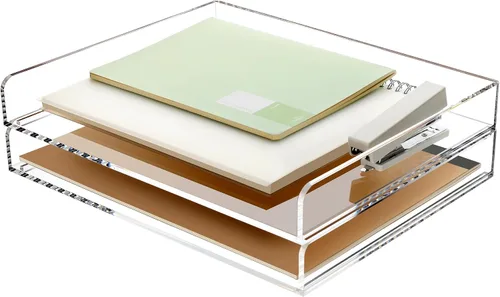 Miniatura 9 de Paquete de 2 bandejas apilables de papel para cartas, organizador de escritorio de archivos A4 ampliado, organizador de escritorio de acrílico