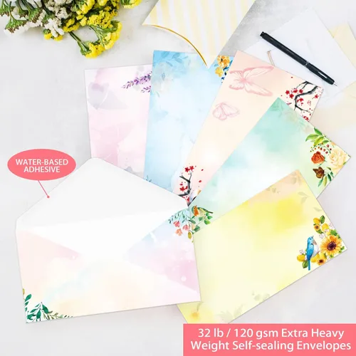 Miniatura 4 de Juego de papel estacionario y sobres forrados con diseño de pájaros florales y acuarelas, con papel de escritura de letras forradas, 48 hojas + 24