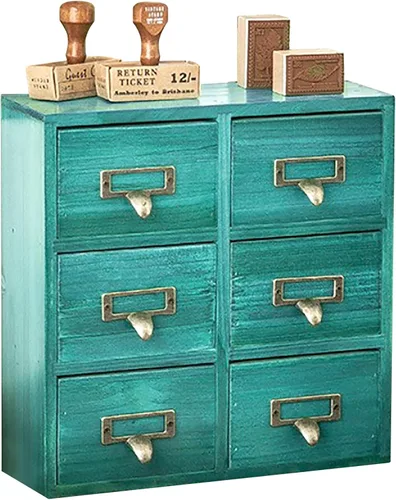 Cajones de catálogo de tarjetas vintage para escritorio, mini gabinete de madera de 6 cajones, organizador turquesa verde azulado, totalmente montado