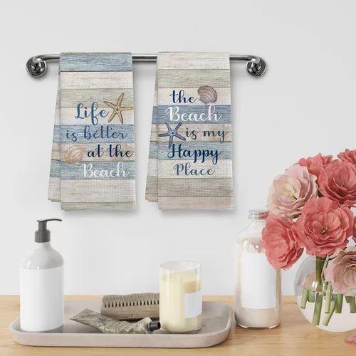 Miniatura 4 de Juego de 2 toallas de cocina y paños de cocina de playa costera, decoración de playa, decoración de baño con temática náutica, paños de cocina