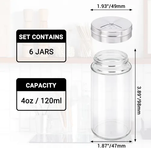 Miniatura 2 de Segarty Tarros de especias con tapas cocteleras, paquete de 6 botellas de vidrio de 4 onzas con tapa de acero inoxidable, recipientes de vidrio