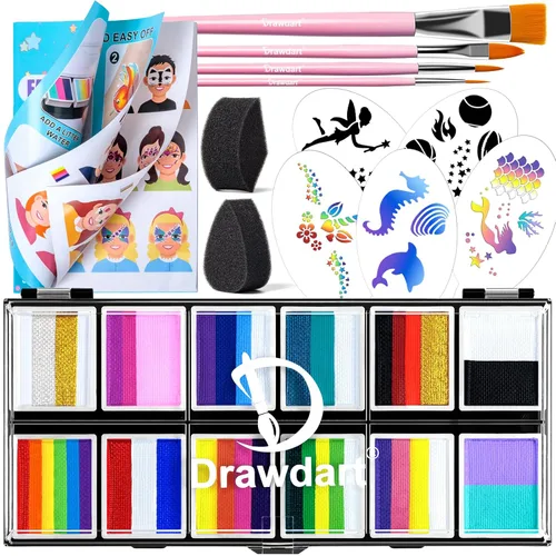 Miniatura 10 de Drawdart Kit profesional de pintura facial para niños y adultos, paleta de pintura facial Split Cake 12 x 10gm con plantilla, juego de pintura 12