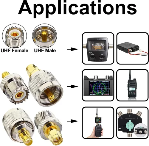 Miniatura 2 de onelinkmore Kit de adaptador SMA a UHF, paquete de 4 unidades - SMA macho/hembra a PL259/SO239, latón puro chapado en oro para Baofeng UV-5R
