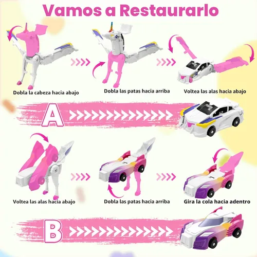 Miniatura 7 de Intoypad Coches de Juguete Transformables de Colisión de Unicornio para Niñas y Niños, 2 Coches Magnéticos que se Transforman en Coches Robot Rosa