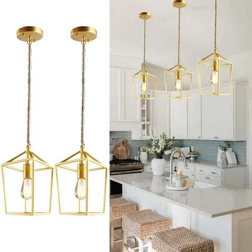 Sheetea Paquete de 2 luces colgantes doradas para isla de cocina, modernas luminarias colgantes de mediados de siglo lámpara colgante para cocina,