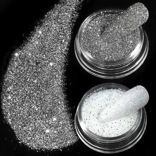 Allstarry Purpurina para uñas, 2 colores de purpurina plateada brillante reflectante, polvo de diamante blanco brillante, lentejuelas brillantes,