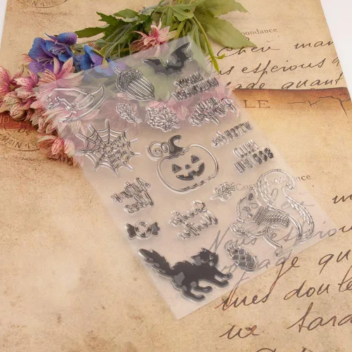 Miniatura 6 de Sellos transparentes de calabaza de Halloween para hacer tarjetas o diarios, frases de Halloween, ardilla, nueces, gatos, murciélagos, sellos
