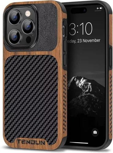Miniatura 8 de TENDLIN Funda Magnética Compatible con iPhone 14 Plus Funda de Madera con Textura de Fibra de Carbono Diseño Híbrido de Cuero Cubierta Delgada Negro