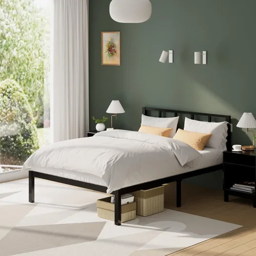 Miniatura 8 de Marco de cama de bambú tamaño completo con plataforma de madera sólida estable con listones antideslizantes, soporte para cama alta, no necesita